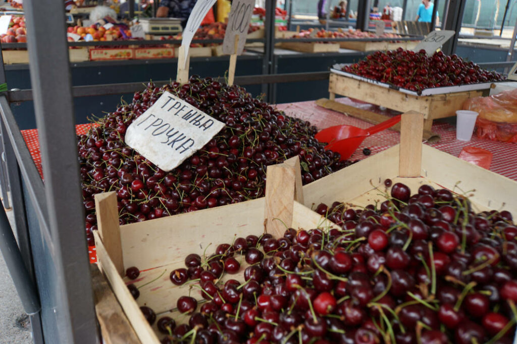 Ein Marktstand in Belgrad präsentiert große Mengen an dunkelroten Kirschen, die in Holzkisten und auf einem großen Haufen mit einem handgeschriebenen Preisschild aufgestapelt sind.