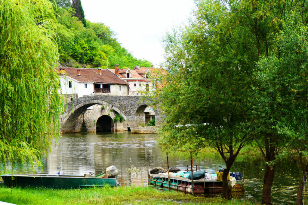Eine historische Steinbrücke mit zwei Bögen überspannt den Fluss in Rijeka Crnojevića, Montenegro, während im Vordergrund kleine Boote am grünen Ufer des Skadarsees liegen. Hinter der Brücke schmiegen sich traditionelle Häuser mit roten Ziegeldächern an einen dicht bewaldeten, grünen Hang.