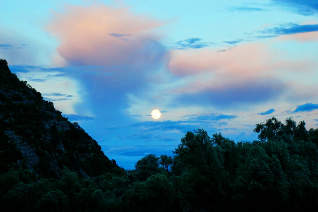 Abendstimmung am Skadarsee in Montenegro mit einem hellen Vollmond am blau-rosa gefärbten Himmel über dunklen Hügeln und Bäumen.