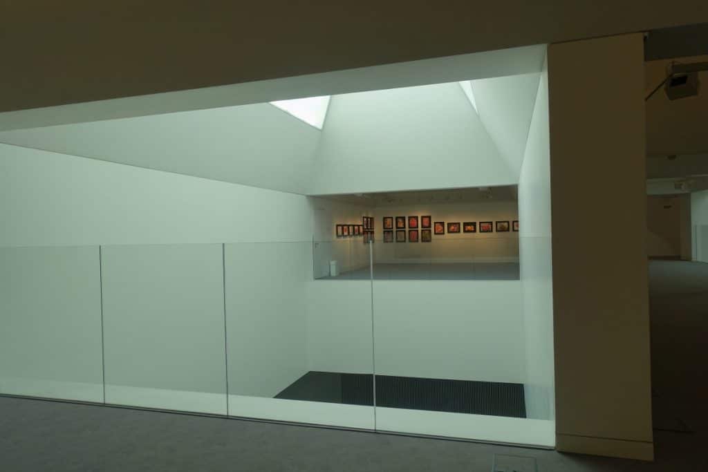 Blick von einer oberen Ebene mit Glasgeländer in den modernen, lichtdurchfluteten Lichthof der Philharmonie Stettin, in dem an einer gegenüberliegenden Wand eine Bildergalerie zu sehen ist.
