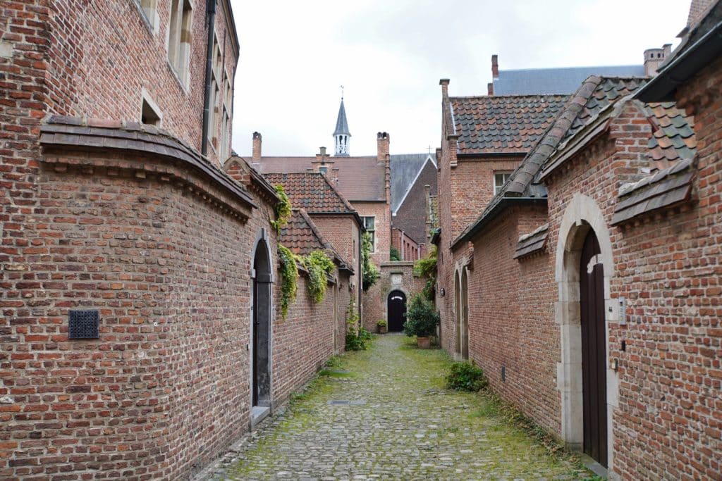 Das Bild zeigt eine Gasse im Beginenhof von Antwerpen, die von alten Backsteingebäuden gesäumt ist. Der Boden ist mit Kopfsteinpflaster bedeckt, und im Hintergrund ist ein Kirchturm zu sehen.