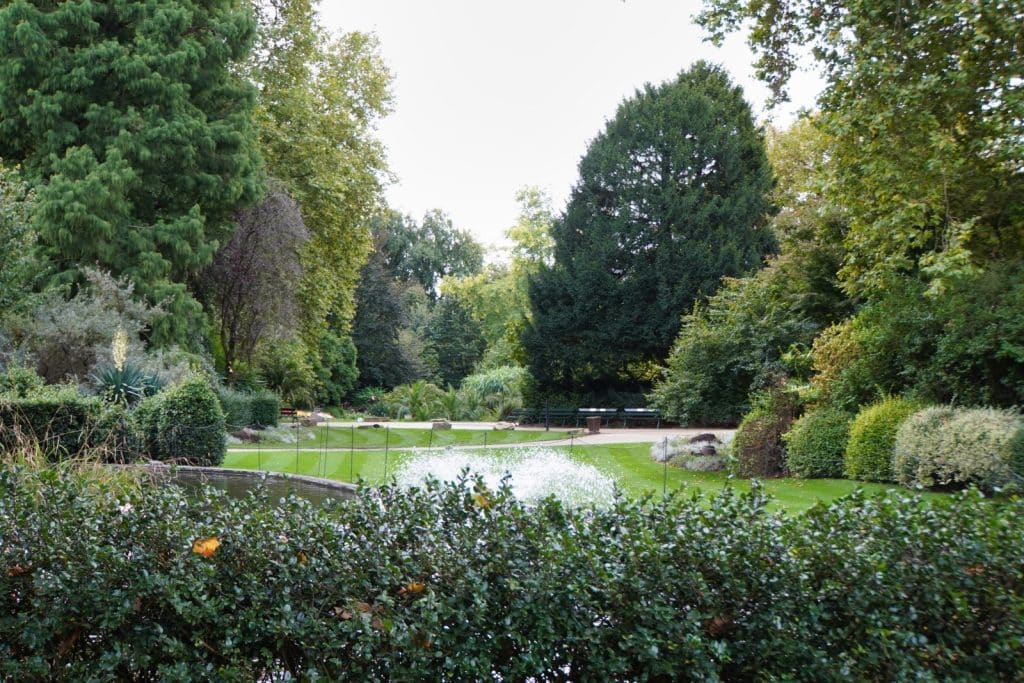 Ein Blick über den Zaun im Antwerpener Zoo zeigt eine grüne Landschaft mit Bäumen, Büschen und einem Teich mit einer Fontäne in der Mitte.