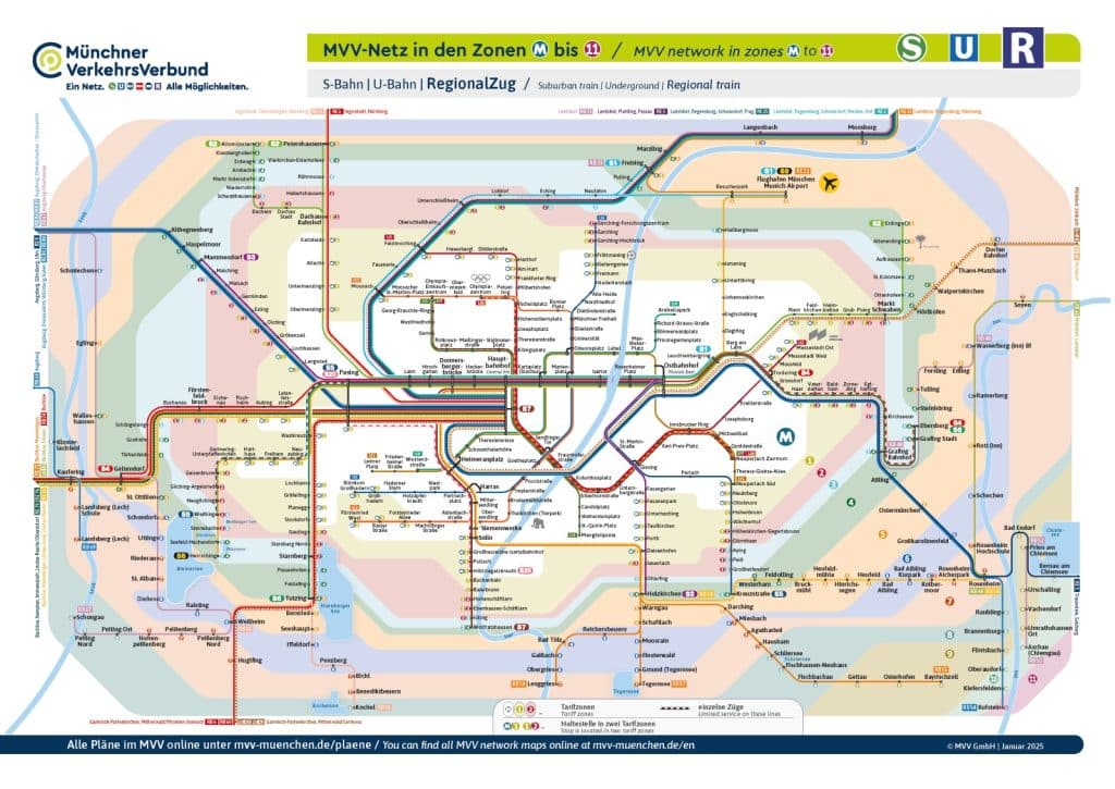 Ein schematischer Liniennetzplan des Münchner Verkehrsverbunds (MVV) zeigt das verzweigte Netz aus S-Bahnen, U-Bahnen und Regionalzügen in den Tarifzonen M bis 11. Die farbigen Linien verlaufen vor einem Hintergrund aus konzentrischen, farblich abgestuften Zonen und verbinden zahlreiche Stationen im Großraum München.