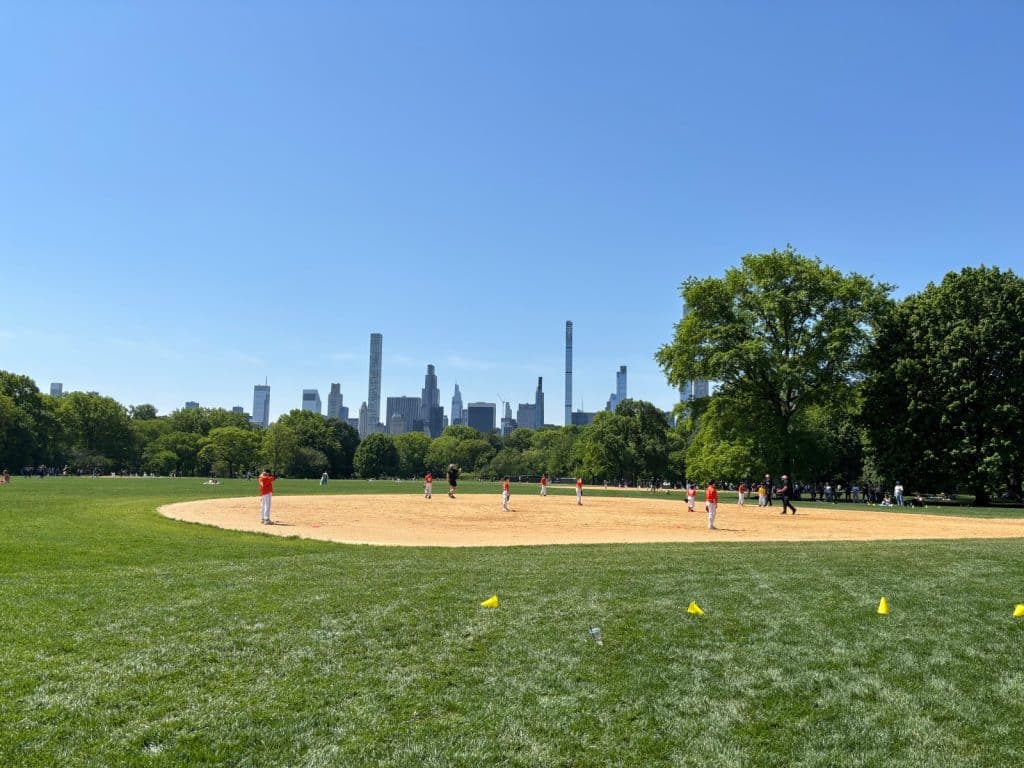 Ein weites grünes Feld im New Yorker Central Park mit einem sandigen Spielfeld, auf dem mehrere Personen in Sportkleidung Softball spielen, während im Hintergrund die markante Skyline der Stadt unter blauem Himmel aufragt.