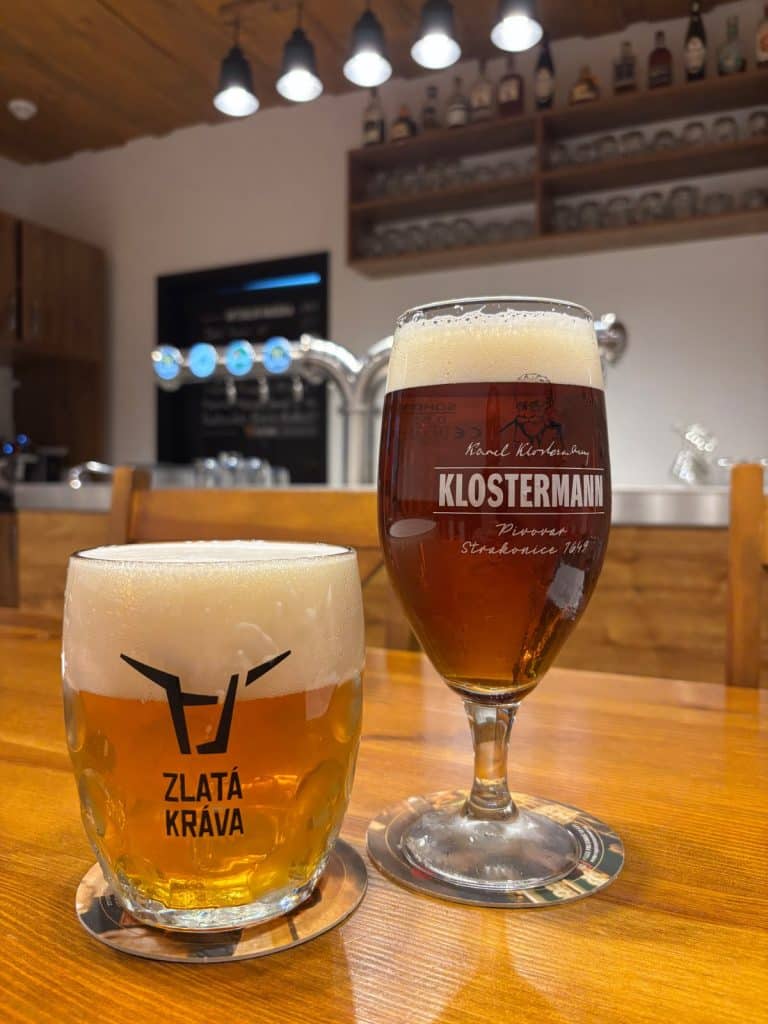 Zwei Gläser tschechisches Bier, ein helles Zlatá Kráva in einem Krug und ein dunkles Klostermann in einem Kelch, stehen auf einem Holztisch.