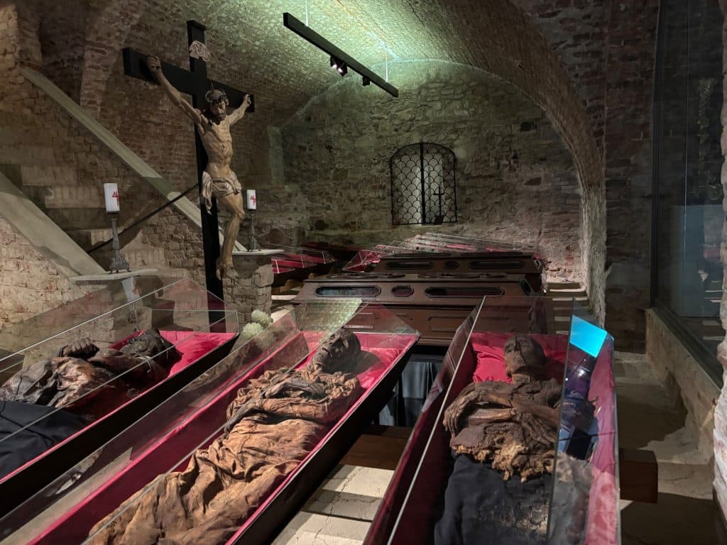 In den Katakomben von Klattau liegen mumifizierte Körper in offenen, mit Glas abgedeckten Särgen auf rotem Samt, während im Hintergrund ein großes Kruzifix an einer rustikalen Steinwand unter einem Gewölbe steht.