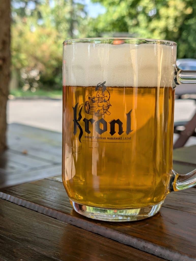 Ein gefüllter Glaskrug mit hellem Bier der Marke Kronl steht auf einem rustikalen Holztisch im Freien. Das Bier hat eine goldene Farbe und eine dichte, weiße Schaumkrone, während im Hintergrund eine verschwommene Parklandschaft zu sehen ist.