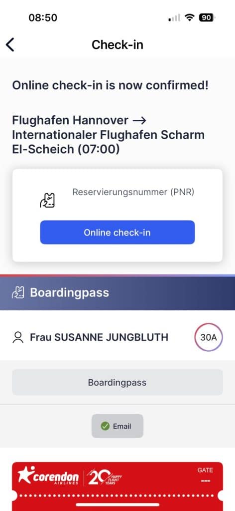erfolgter online check in