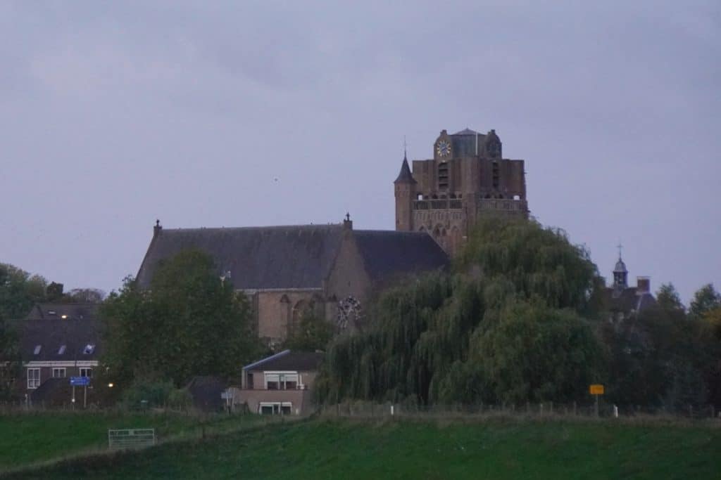 Die Grote Kerk in Wijk bij Duurstede ragt mit ihrem markanten, flachen Turm und der Turmuhr am frühen Morgen hinter dichten Bäumen und einer grünen Wiese empor.
