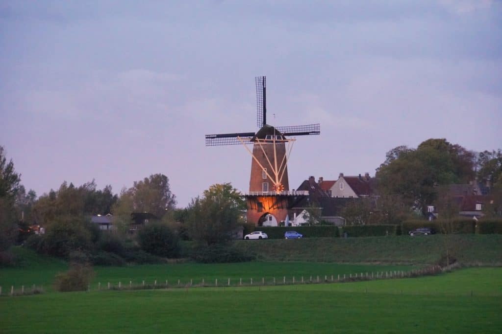 Eine historische Windmühle in Wijk bij Duurstede steht in der Morgendämmerung vor einer Häuserzeile und grünen Feldern. Das sanfte Morgenlicht beleuchtet die Mühle und die davor geparkten Autos am Fuße eines Deichs.