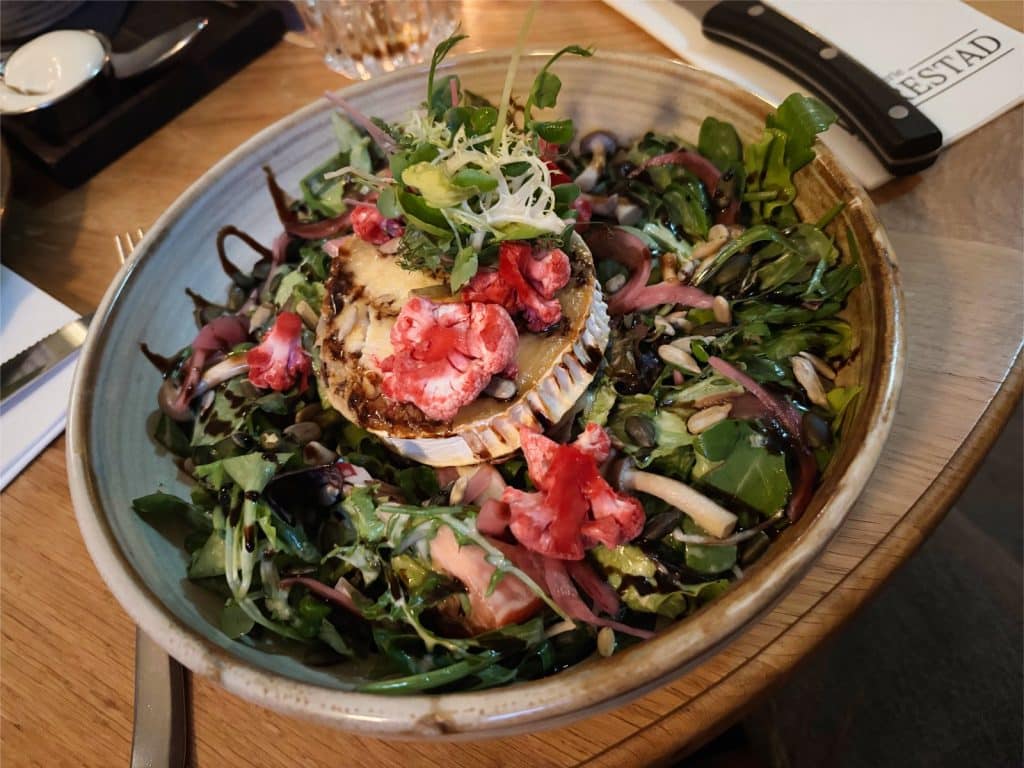 Ein Salat in einer rustikalen Schüssel, angerichtet mit einem gratinierten Ziegenkäse-Taler, rosa Blumenkohlröschen, frischem Blattgemüse und Kernen auf einem Holztisch.