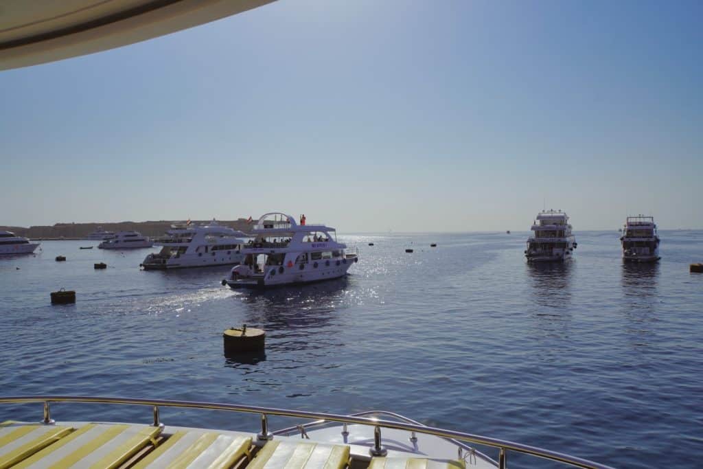Ausflugtipps Sharm El Sheikh: Blick vom Deck eines Bootes auf mehrere weiße Ausflugsschiffe, die bei sonnigem Wetter in Ägypten von der Küste abfahren.