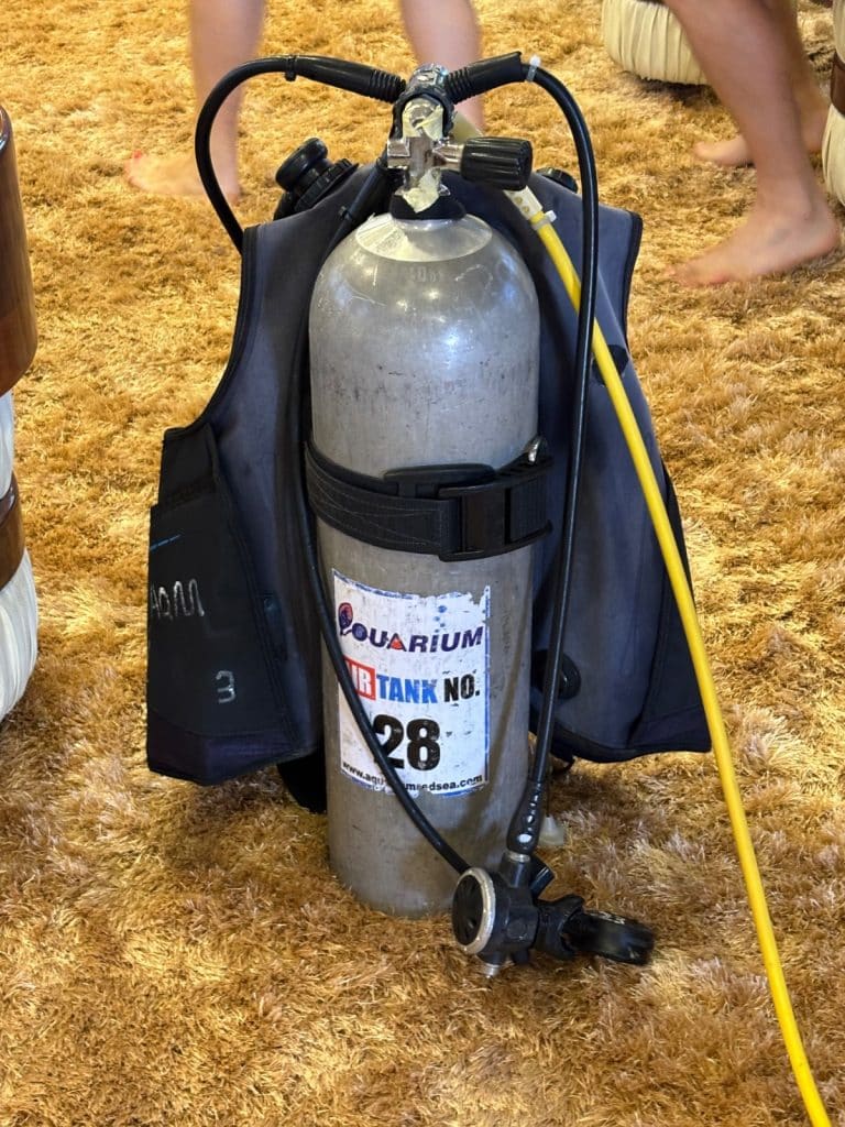 Eine graue Sauerstoffflasche mit der Aufschrift „AIR TANK NO. 28“ ist an einer schwarzen Tarierweste befestigt und steht auf einem braunen Teppich an Bord eines Schiffes in Ägypten.