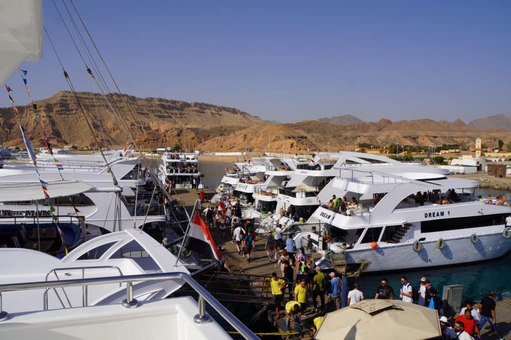 Ausflugtipps Sharm El Sheikh: Zahlreiche weiße Ausflugsschiffe für Tauchfahrten liegen in einem ägyptischen Hafen vor einer kargen Bergkulisse, während viele Menschen über die Stege an Bord gehen.