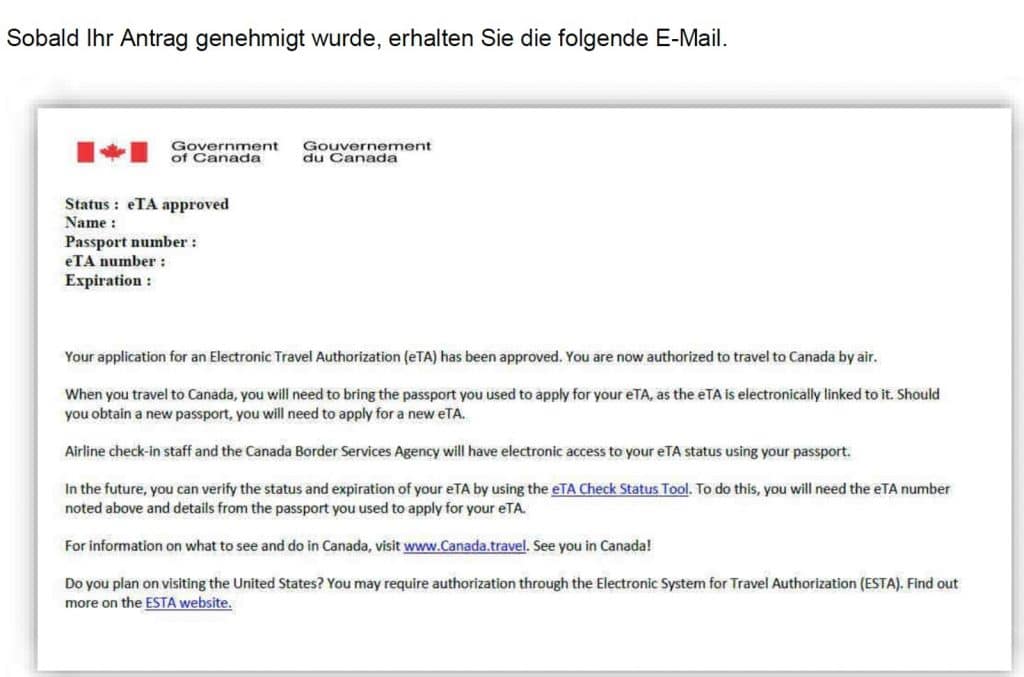 Ein Screenshot zeigt eine offizielle Bestätigungs-E-Mail der kanadischen Regierung für eine genehmigte elektronische Reisegenehmigung (eTA), inklusive Platzhaltern für persönliche Daten und Reisehinweisen.