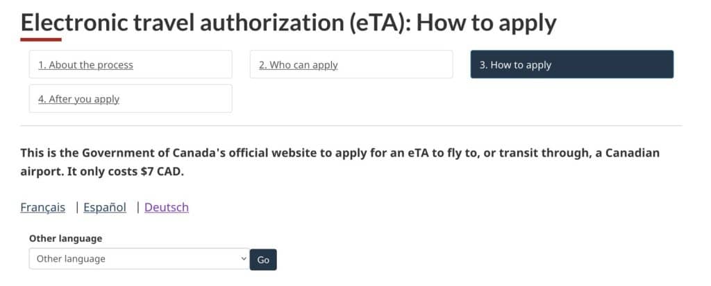 Ein Screenshot der offiziellen Website der kanadischen Regierung zur Beantragung einer elektronischen Reisegenehmigung (eTA) mit Navigationsreitern und Preisangaben in verschiedenen Sprachen.
