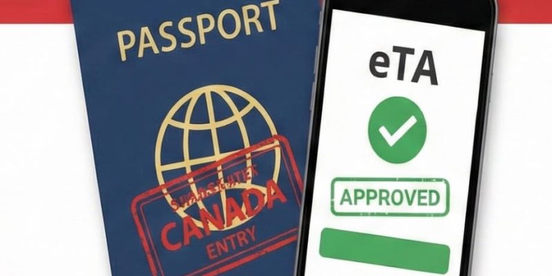 Ein dunkelblauer Reisepass mit einem roten „Canada Entry“-Stempel liegt neben einem Smartphone, das eine bestätigte eTA-Genehmigung mit einem grünen Häkchen und dem Schriftzug „Approved“ anzeigt.
