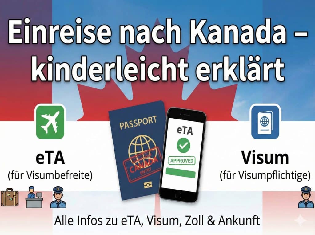 Infografik zur Einreise nach Kanada mit der Überschrift „Einreise nach Kanada – kinderleicht erklärt“, die visuell zwischen eTA für Visumbefreite und einem Visum für Visumpflichtige unterscheidet. Die Darstellung umfasst Symbole für Flugreisen, Reisepässe und Zollbeamte vor dem Hintergrund der kanadischen Flagge.