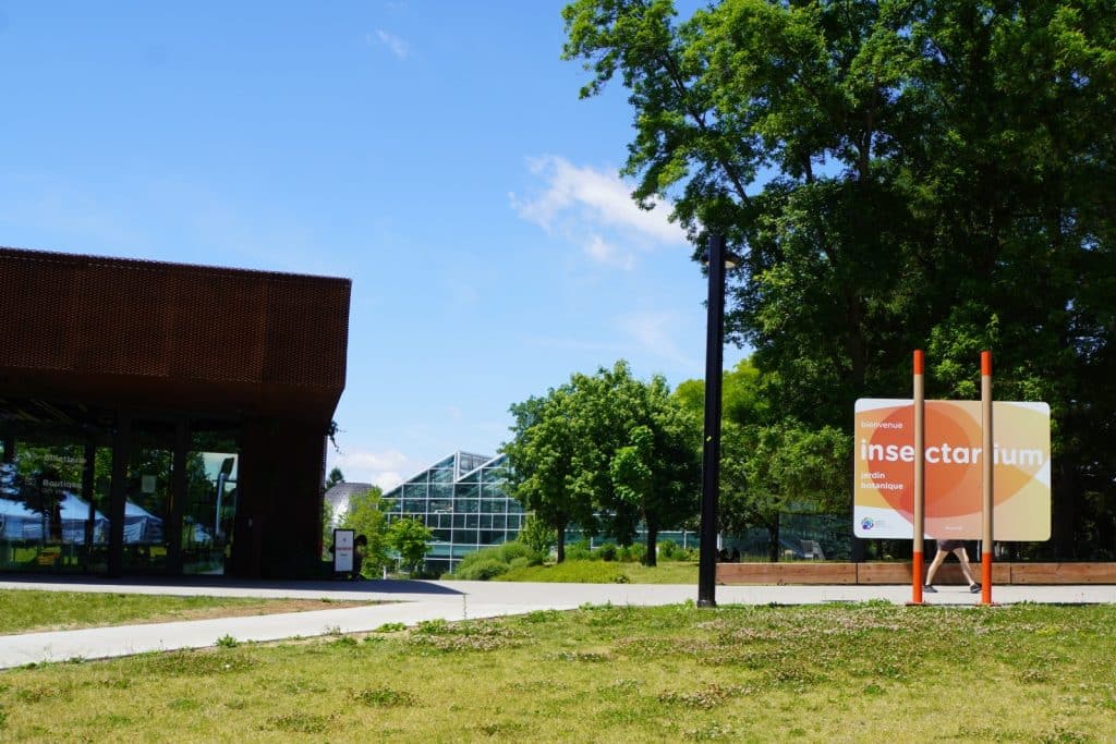Ein sonniger Außenbereich des Montrealer Insektariums mit einem modernen braunen Gebäude links, einem großen weißen Hinweisschild im Vordergrund und den gläsernen Gewächshäusern des Botanischen Gartens im Hintergrund.