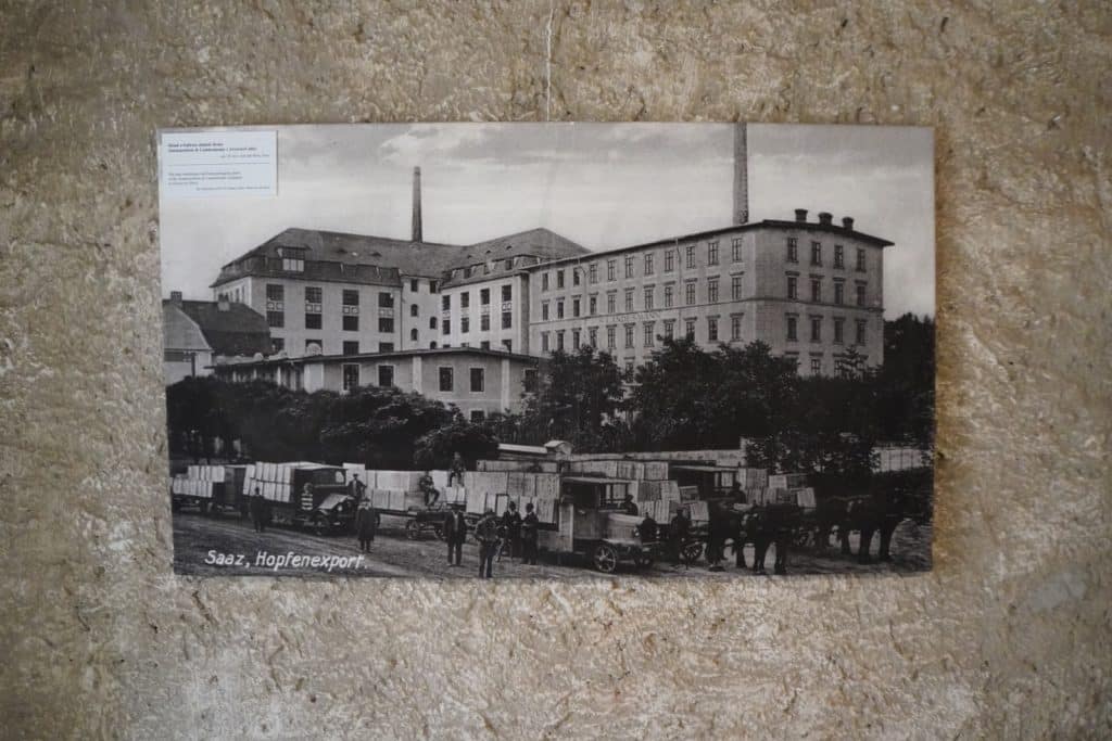 Ein historisches Schwarz-Weiß-Foto im Hopfenmuseum Saaz zeigt eine große Fabrikanlage mit rauchenden Schornsteinen und davor geparkten Lastwagen sowie Pferdefuhrwerken, die mit Hopfenballen beladen sind.