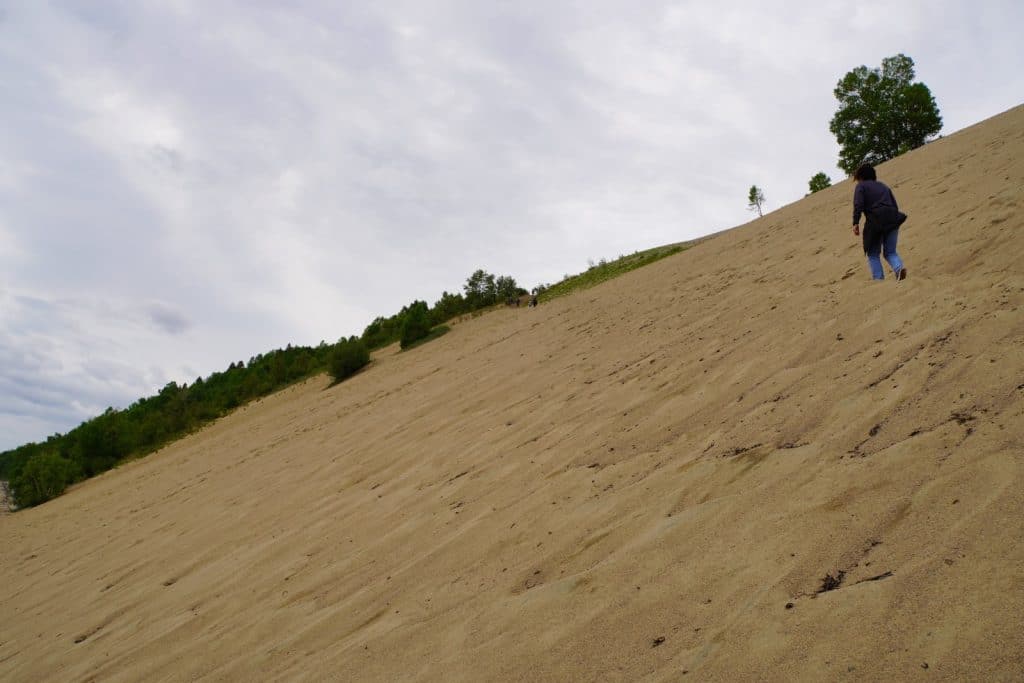 Eine Person erklimmt die steile Sanddüne in Tadoussac, während im Hintergrund eine grüne Baumgrenze unter einem bewölkten Himmel verläuft.