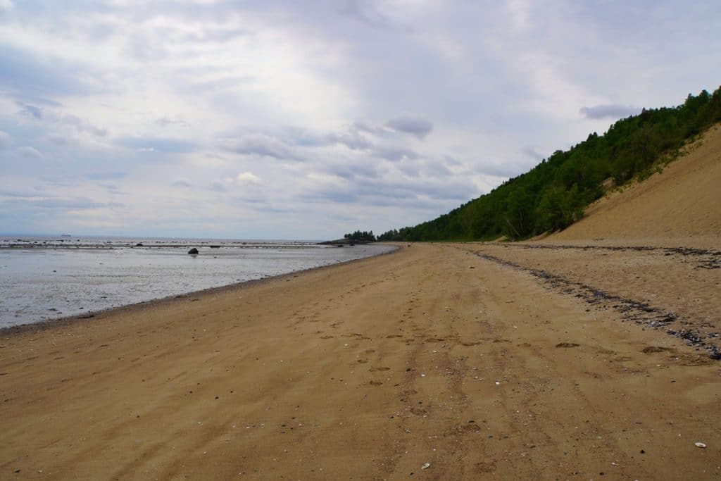 Ein weiter Sandstrand in Tadoussac führt entlang einer bewaldeten Düne unter einem bewölkten Himmel zum ruhigen Wasser.