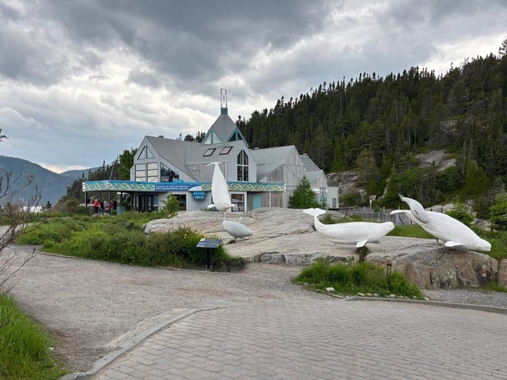 Außenansicht des Marine Mammal Interpretation Centre in Tadoussac mit lebensgroßen, weißen Belugawal-Skulpturen auf Felsen vor dem modernen Museumsgebäude.