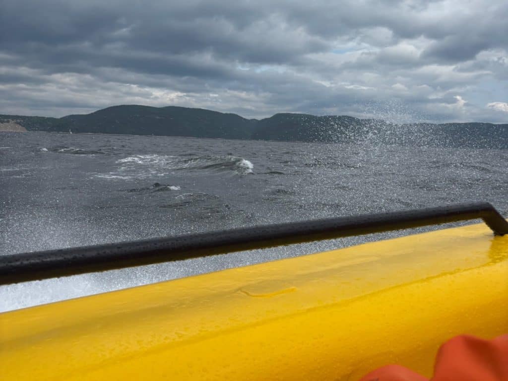 Blick von einem gelben Boot auf das unruhige Wasser während einer Waltour in Tadoussac, wobei Gischt über die Reling spritzt und im Hintergrund bewaldete Hügel unter einem bewölkten Himmel zu sehen sind.