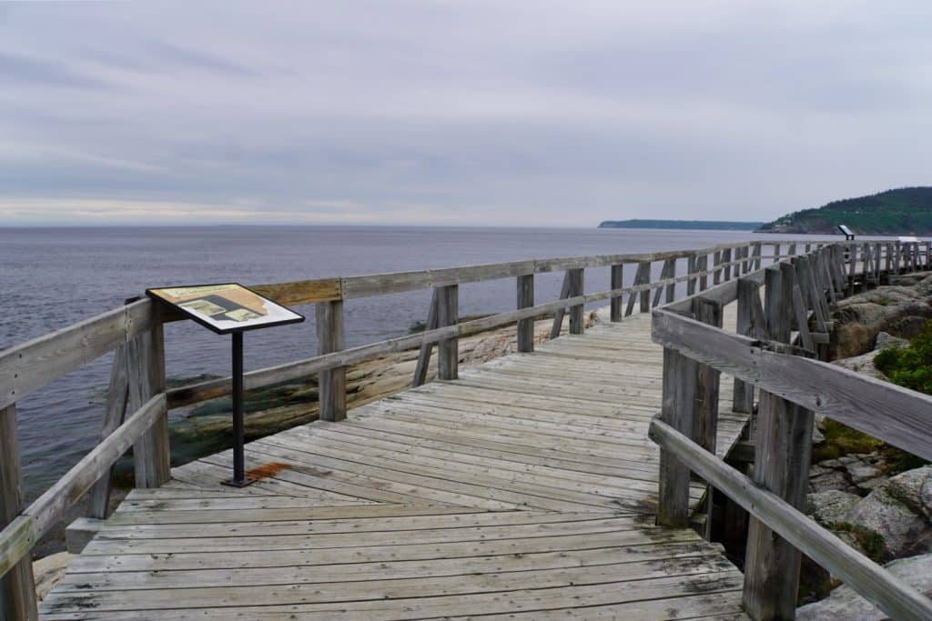 Ein hölzerner Wanderweg führt entlang einer felsigen Küste mit Blick auf das weite, ruhige Meer unter einem bewölkten Himmel. Eine Informationstafel am Geländer des Holzstegs bietet Details für Besucher.