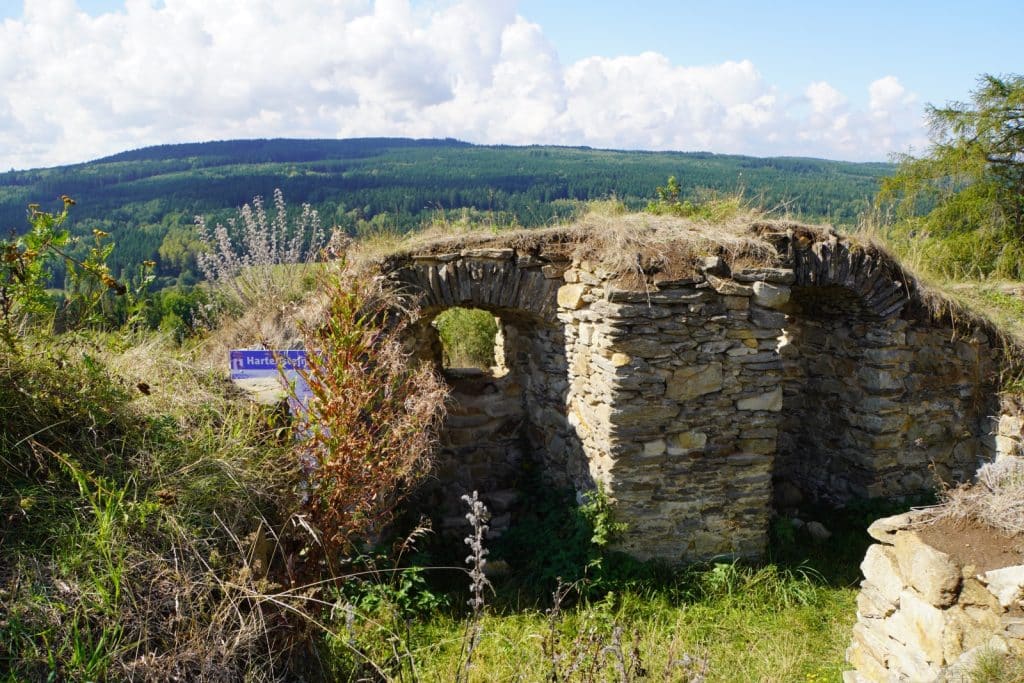 Überreste von steinernen Gewölbemauern der Burgruine Hartenstein in Tschechien stehen auf einer Anhöhe vor einer weiten, bewaldeten Hügellandschaft unter bewölktem Himmel.