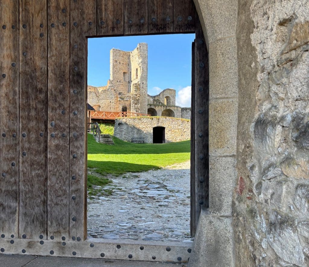 Blick durch ein massives Holztor auf den Innenhof und die steinernen Ruinen der tschechischen Burg Rabí unter blauem Himmel.