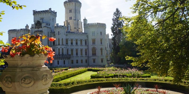 Das weiße Schloss Hluboká in Tschechien ragt mit seinen markanten Zinnentürmen hinter einem prächtig angelegten Schlossgarten mit geometrischen Hecken und farbenfrohen Blumenbeeten empor. Im Vordergrund setzt eine steinerne Blumenschale mit roten Blüten einen dekorativen Akzent vor der weitläufigen Parkanlage.