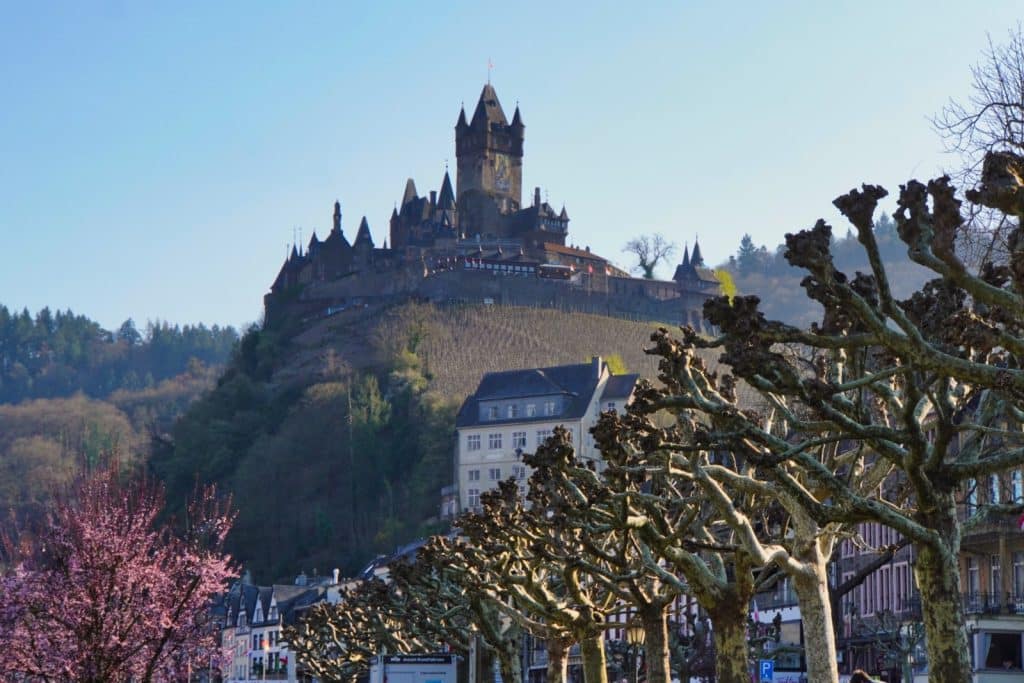 Blick von unten auf die Reichsburg Cochem, die auf einem bewaldeten Hügel über der Stadt thront, eingerahmt von blühenden Bäumen und charakteristisch geschnittenen Platanen im Vordergrund.
