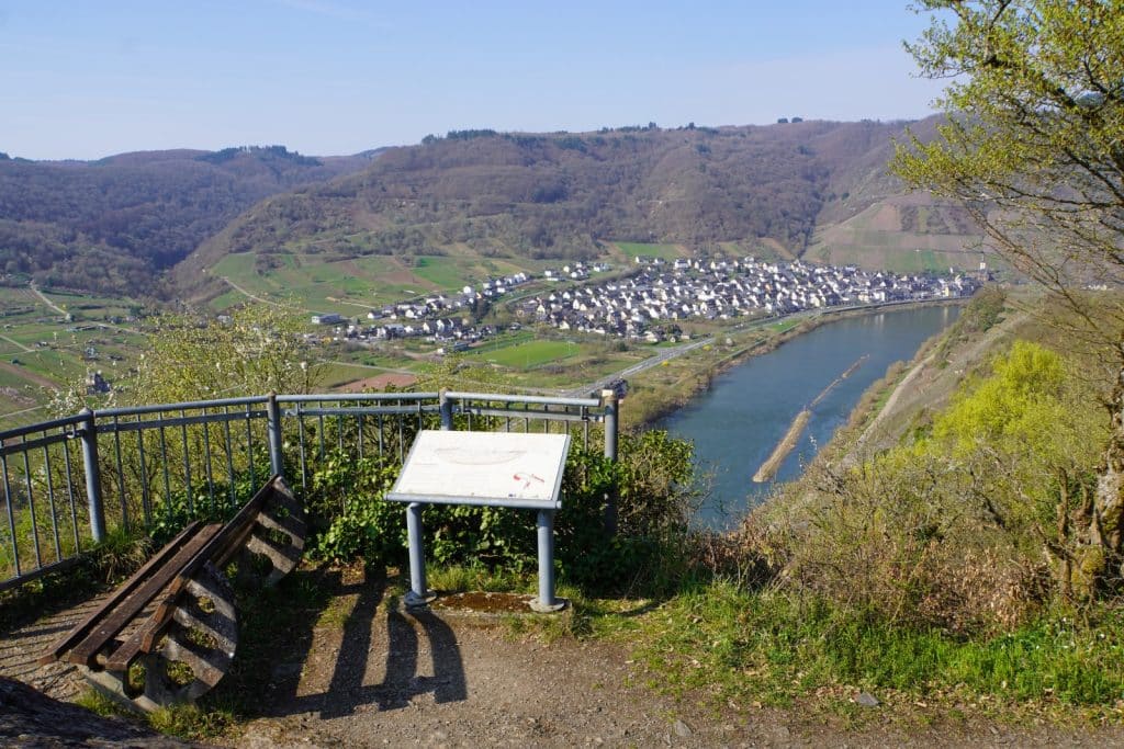 Blick von einem Aussichtspunkt bei einer Wanderung auf den Ort Neef, der an einer Schleife der Mosel liegt und von bewaldeten Hügeln und Weinbergen umgeben ist. Im Vordergrund stehen eine hölzerne Parkbank, eine Informationstafel und ein Metallgeländer an einem felsigen Abhang.