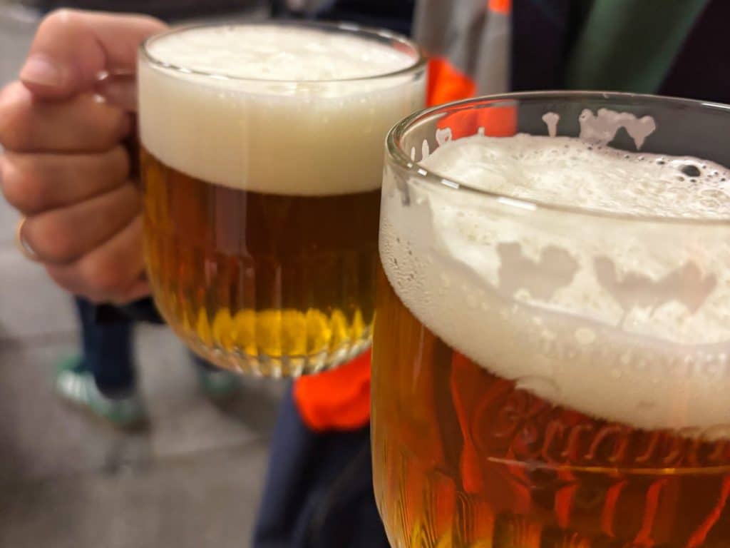 Zwei gefüllte Gläser Budweiser Bier mit einer dichten Schaumkrone werden bei einer Brauereiführung zum Anstoßen zusammengehalten.