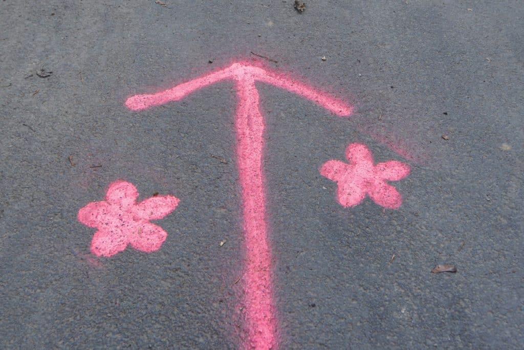 Ein mit pinker Sprühfarbe markierter Wanderpfeil und zwei stilisierte Blumen auf dem Asphaltboden weisen den Weg bei einer Wanderung in Cochem.