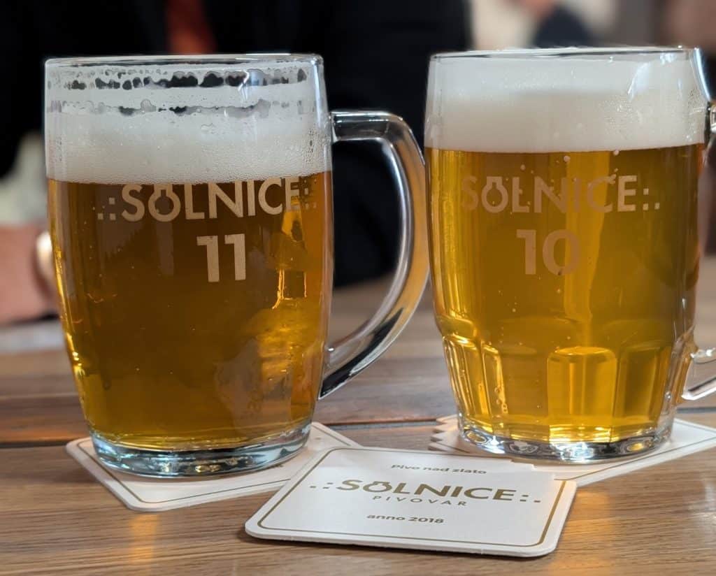 Zwei Gläser frisch gezapftes Bier der Brauerei Solnice in Budweis stehen auf Bierdeckeln, wobei das linke Glas mit der Zahl 11 und das rechte mit der Zahl 10 markiert ist.