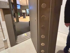 Eine massive, geöffnete Stahltür mit runden Verriegelungsbolzen gibt den Blick in einen hell erleuchteten Raum im ehemaligen Bundesbank-Bunker in Cochem frei.