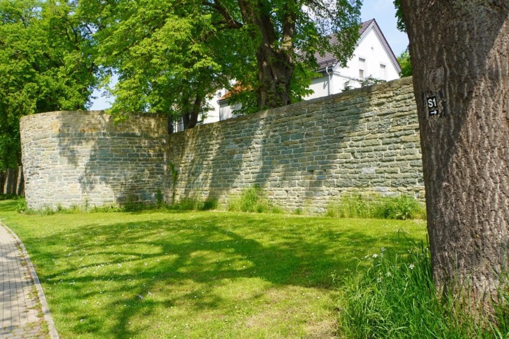 Ein sonniger Blick auf einen Abschnitt der historischen Stadtmauer von Soest, die aus hellen Natursteinen besteht und an eine gepflegte Rasenfläche mit schattenspendenden Bäumen grenzt.