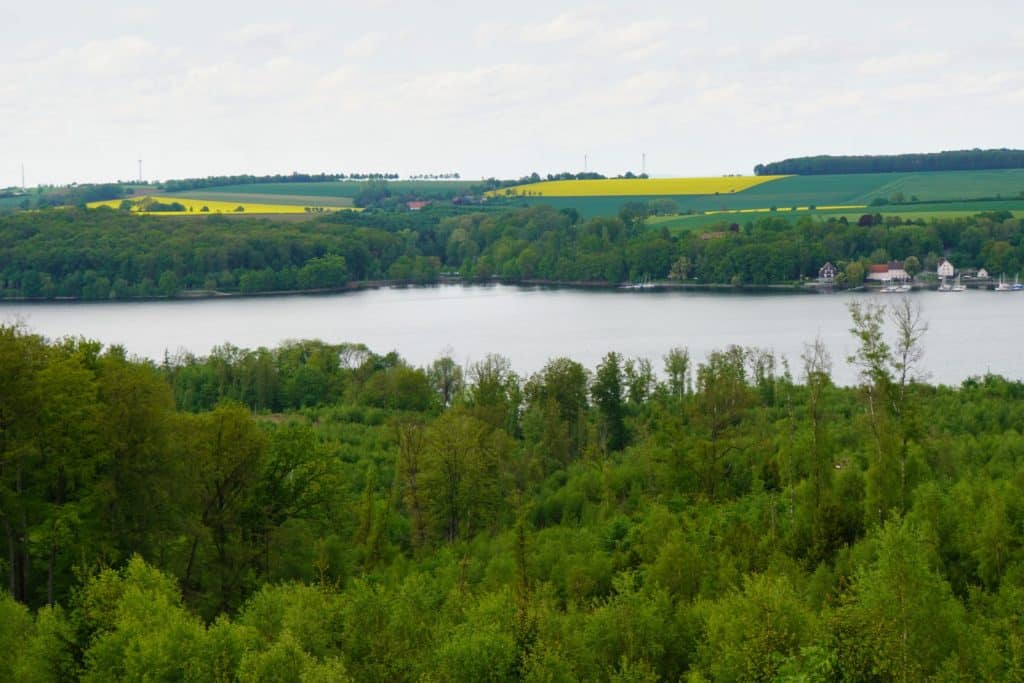 Weitläufiger Blick vom Möhnesee-Turm über eine bewaldete Hügellandschaft auf den Möhnesee, an dessen Ufer kleine Häuser, Segelboote und gelb blühende Rapsfelder unter einem bewölkten Himmel zu sehen sind.