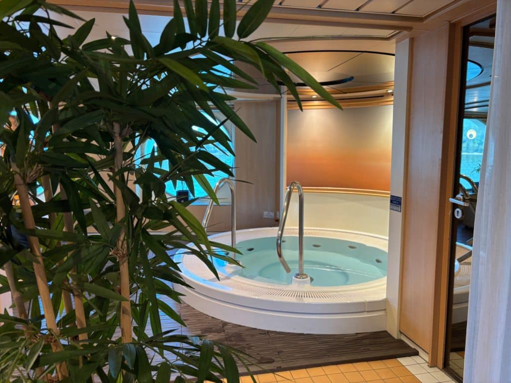 Ein runder, weißer Whirlpool im Spa-Bereich der Maxima von nicko cruises, umgeben von hellen Holzwänden, einer großen Grünpflanze im Vordergrund und einem stimmungsvoll beleuchteten Wandbild in warmen Orangetönen.