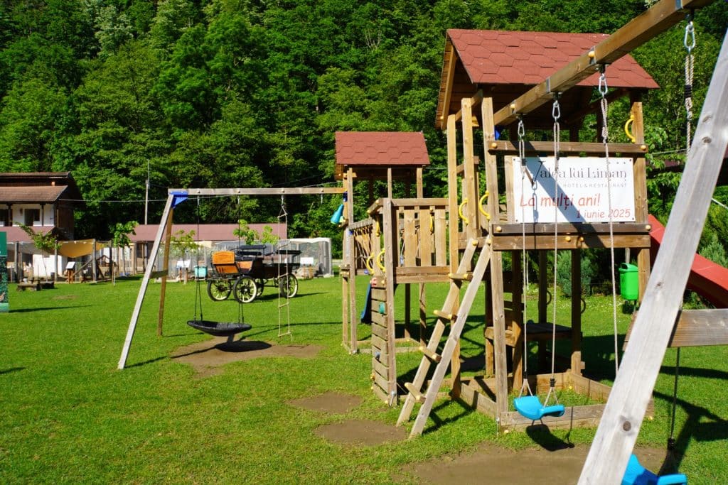 Ein hölzerner Kinderspielplatz mit Schaukeln und Klettergerüsten auf einer grünen Wiese bei einem Fischrestaurant in der Region Timis, im Hintergrund ist eine historische Kutsche zu sehen.