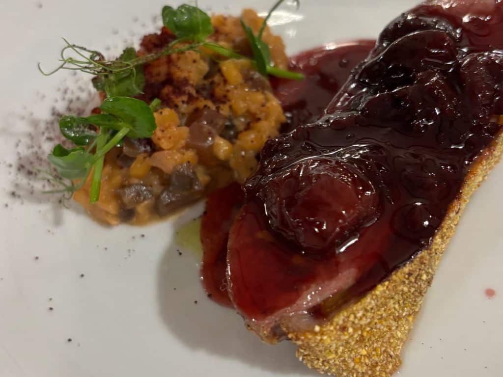 Ein elegant angerichtetes Gericht im Restaurant Casa del Sole in Timișoara zeigt eine zarte Entenbrust mit knuspriger Kruste, die großzügig mit einer glänzenden, dunklen Kirschsauce überzogen ist, serviert neben einem feinen Linsengemüse mit frischen Kräutern.