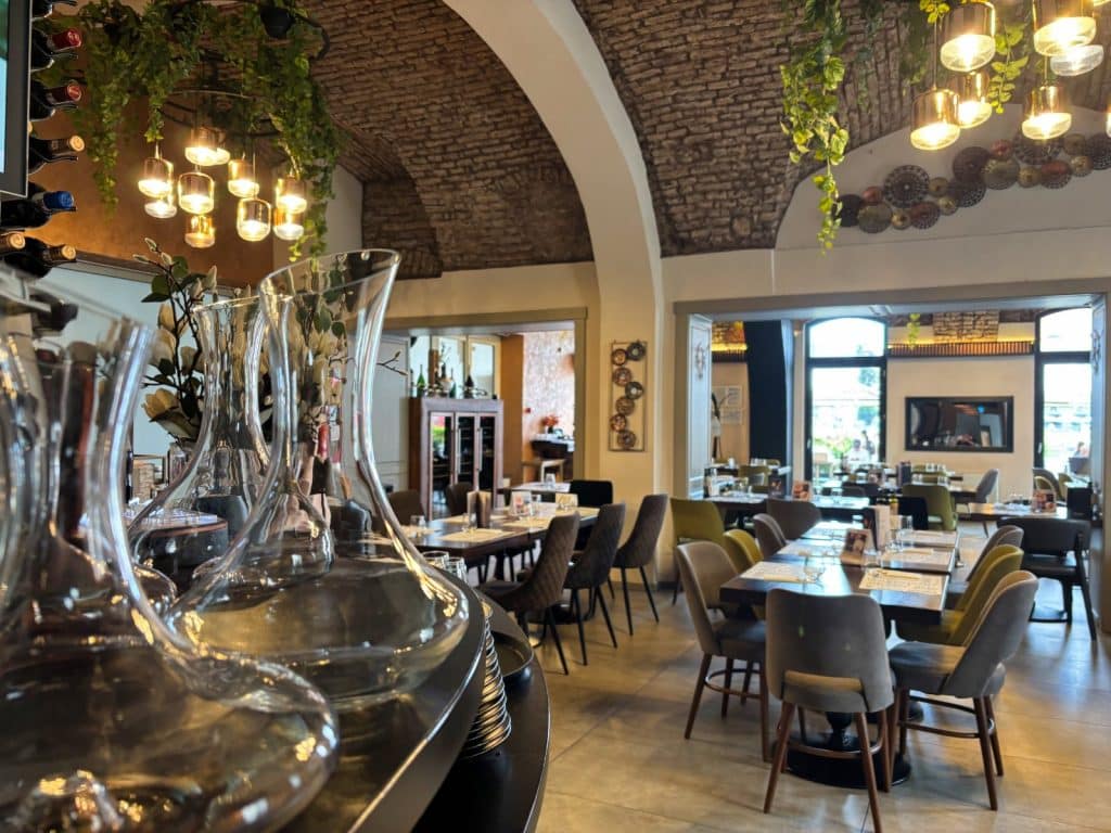 Der Innenraum des Restaurants Pepper in Timișoara besticht durch ein rustikales Gewölbe aus Backstein, elegante Hängeleuchten mit Grünpflanzen und modern eingedeckte Tische mit grauen Polsterstühlen. Im Vordergrund stehen gläserne Weinkaraffen auf einer Theke, während im Hintergrund weitere Gasträume und dekorative Wandelemente zu sehen sind.