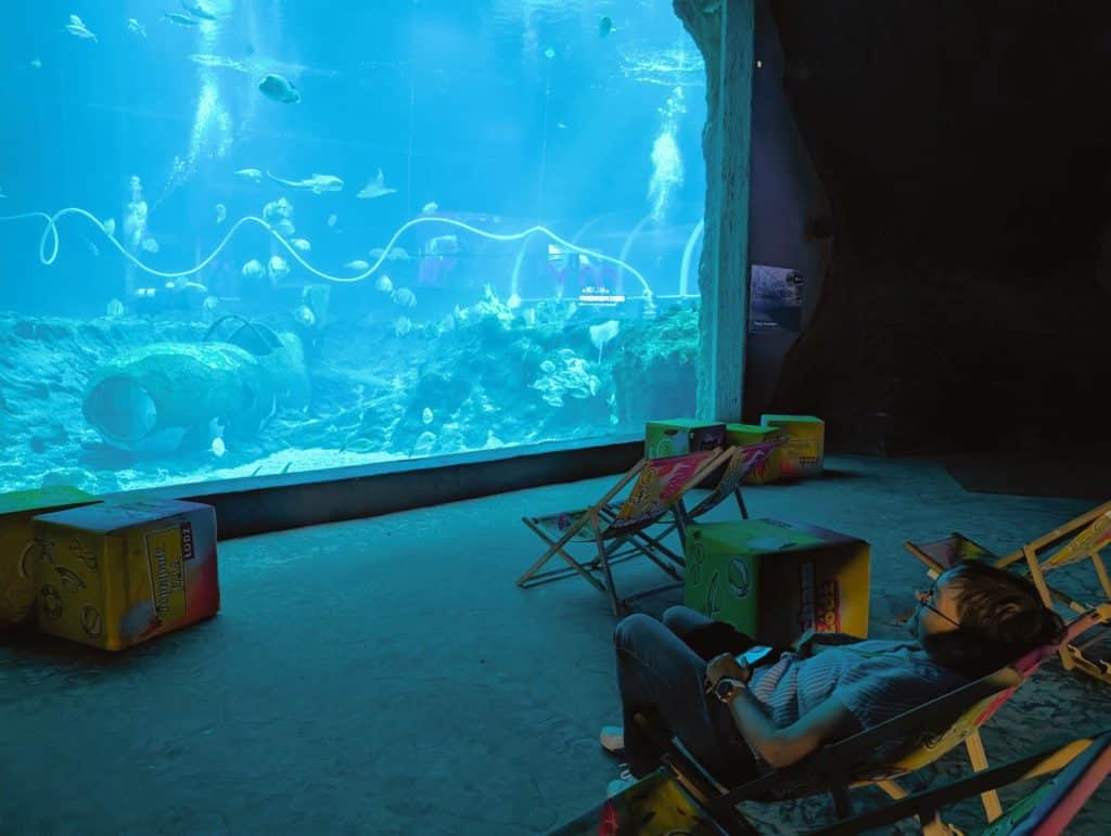 Eine Person entspannt in einem Liegestuhl vor einem großen Panoramafenster im Orientarium Zoo Lodz, das eine blau schimmernde Unterwasserwelt mit Fischen und Korallen zeigt. Im abgedunkelten Zuschauerraum stehen weitere Liegestühle und bunte Sitzwürfel bereit, während das helle Licht des Aquariums die Szene beleuchtet.