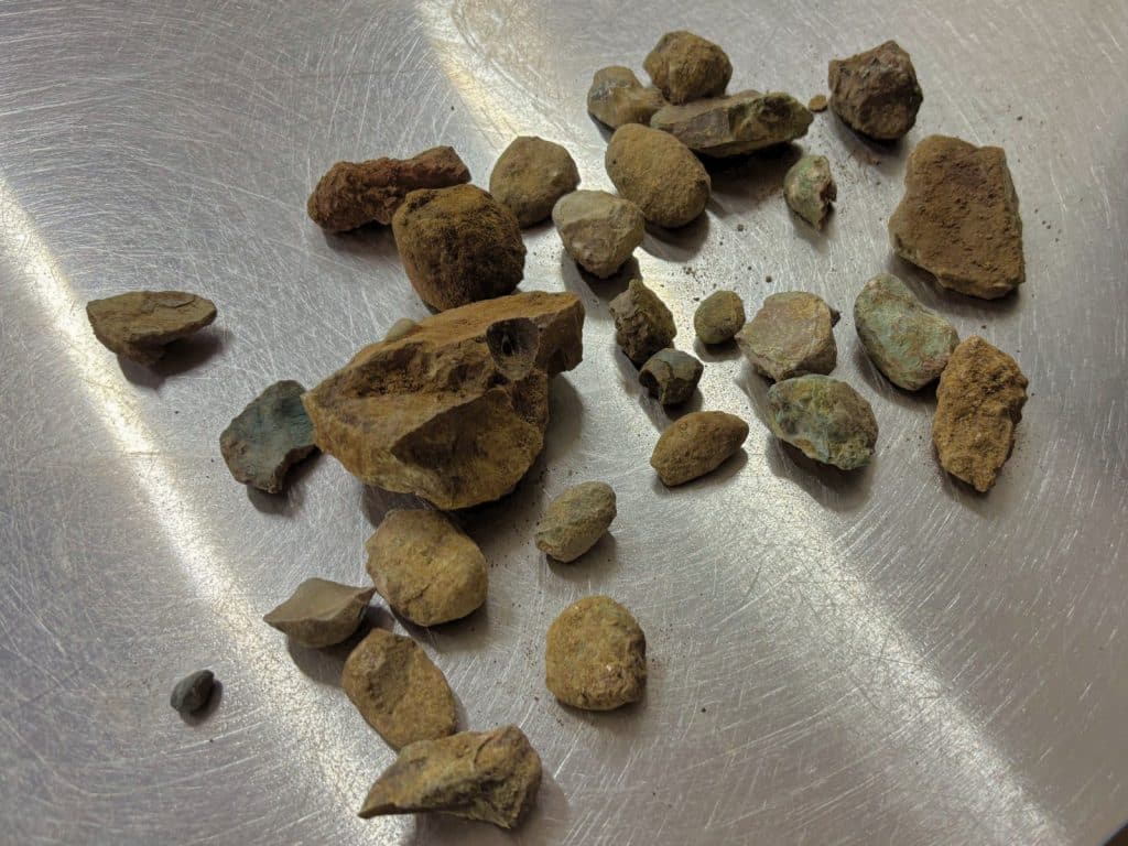 Eine Sammlung verschieden großer Achat-Fundstücke aus Niederschlesien in erdigen Braun- und Grautönen liegt verstreut auf einer metallisch glänzenden Oberfläche.