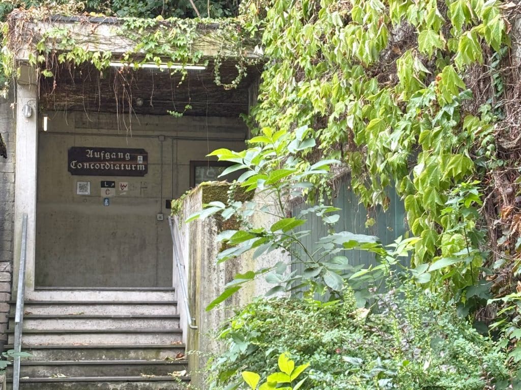 Ein überwachsener Betoneingang in Bad Ems mit einer Treppe, die zu einem Parkhaus führt, über der ein Schild mit der Aufschrift „Aufgang Concordiaturm“ hängt.
