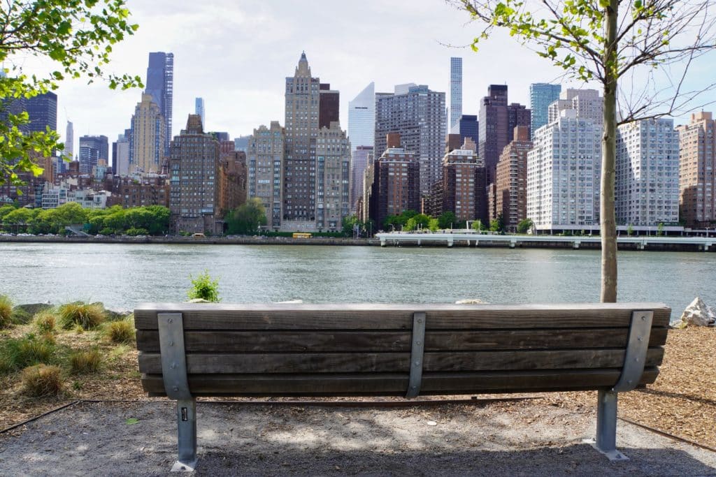 Eine hölzerne Parkbank im Roosevelt Island Park bietet einen direkten Blick über den East River auf die beeindruckende Skyline von Manhattan in New York.