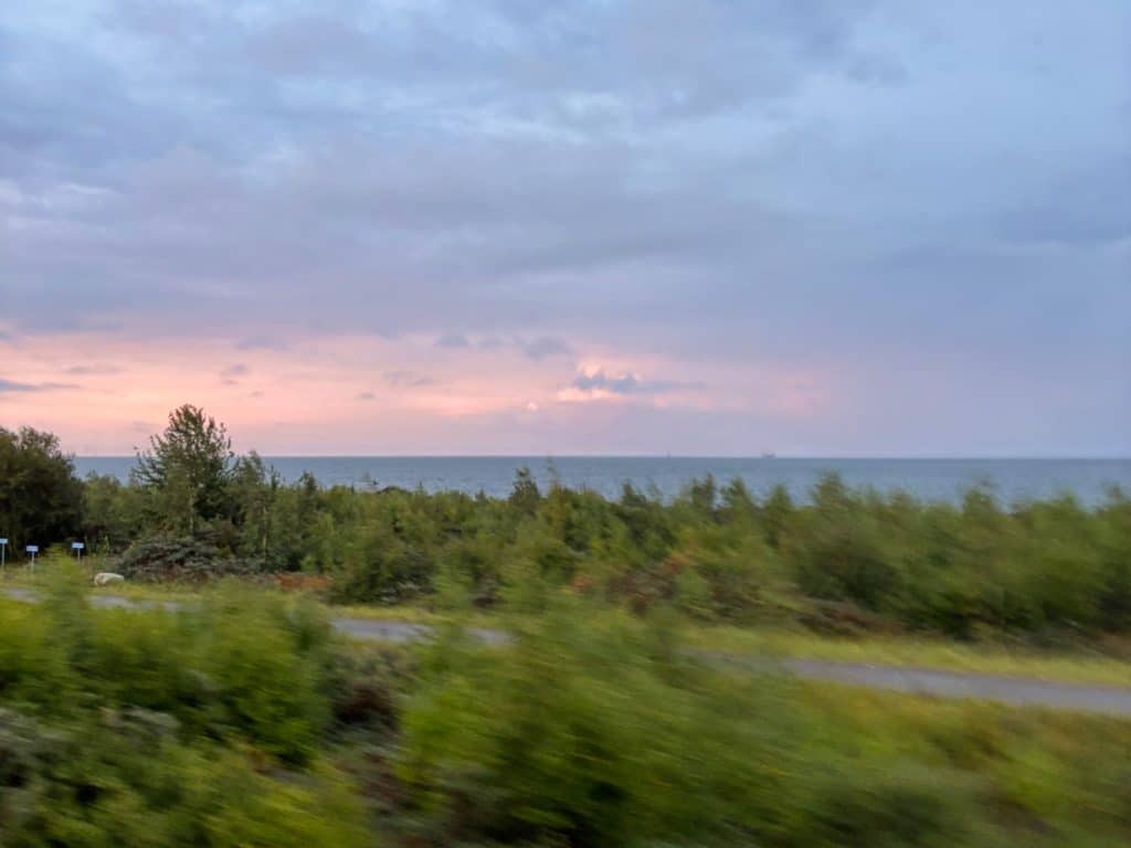 Blick aus einem fahrenden Zugs auf den Öresund während der Dämmerung, mit verschwommenen grünen Bäumen im Vordergrund und einem zartrosa gefärbten Himmel über dem Meer.