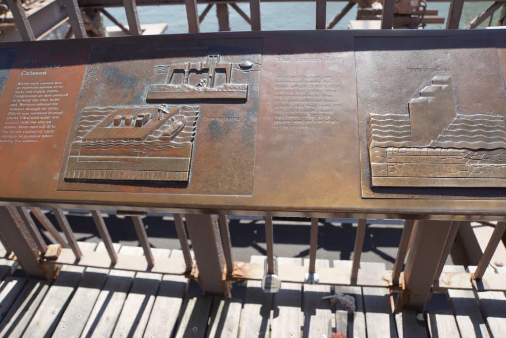 Eine bronzene Informationstafel auf der Brooklyn Bridge zeigt Reliefgrafiken und Texte zum Bau der Brückenpfeiler mittels Caissons sowie zum Aufstieg der Türme. Die Tafel ist auf einem Metallgeländer über den hölzernen Planken des Fußgängerwegs montiert.